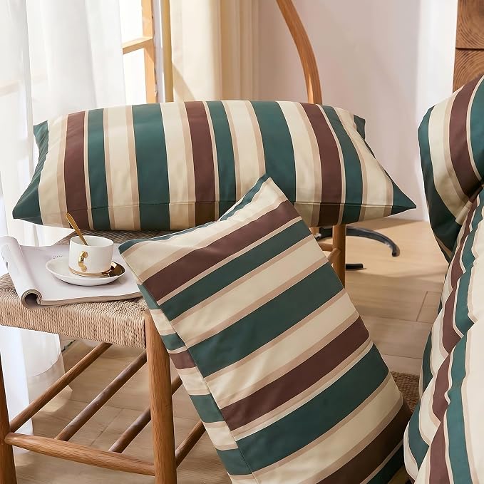 Merryword 100% Cotton Duvet Cover Set King Size - Vintage Green Cabana Striped Bedding Set with Zipper & Corner Ties, 3-Piece Luxury & Silky Soft Bedding Set for All Seasons