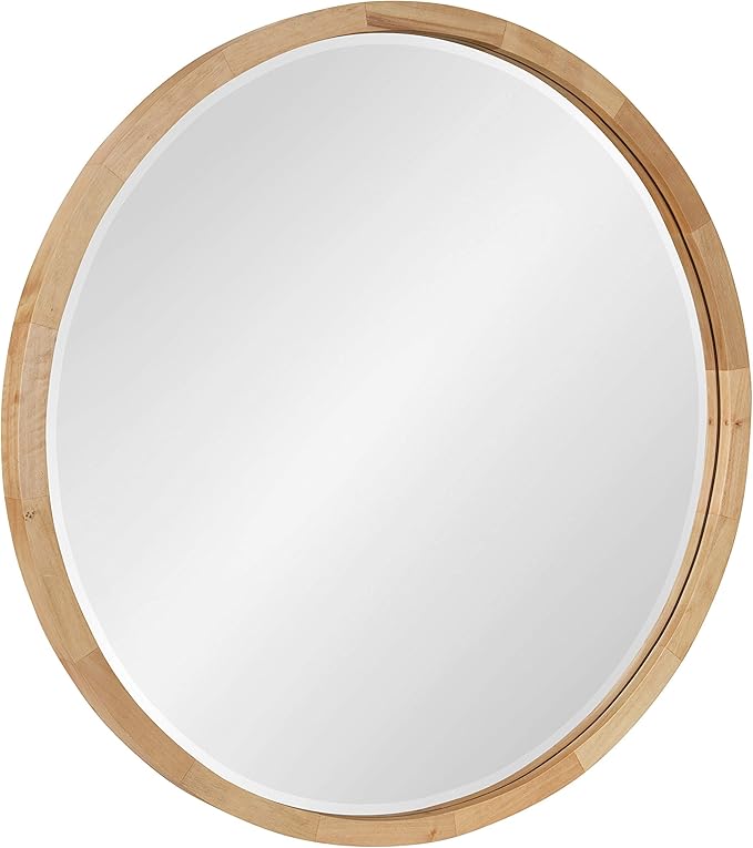 Kate and Laurel McLean Mid-Century Wood Framed Wall Mirror, 24 inch Diameter, Natural, Decorative Modern Round Mirror