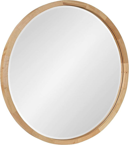 Kate and Laurel McLean Mid-Century Wood Framed Wall Mirror, 24 inch Diameter, Natural, Decorative Modern Round Mirror