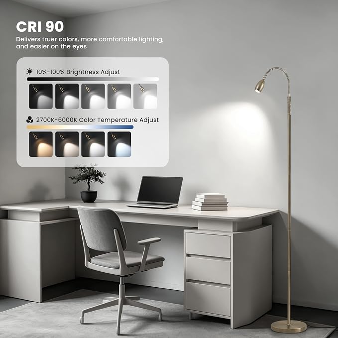 Reading Floor Lamp, Dimmable LED Floor Lamp with Remote, Standing Lamp with Flexible Gooseneck, Zoomable Spotlight, Reading light, Task Crafting Tall Lamps for Living Room Office Bedroom(Brass)