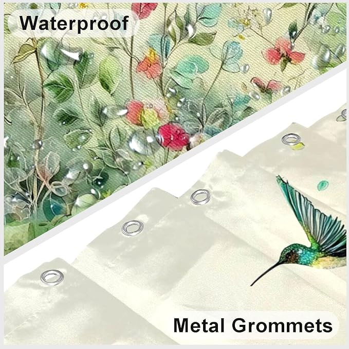 Green Leaf Flowers Shower Curtain Hummingbird Shower Curtains for Bathroom Waterproof Fabric Bath Curtain Decor with Hooks