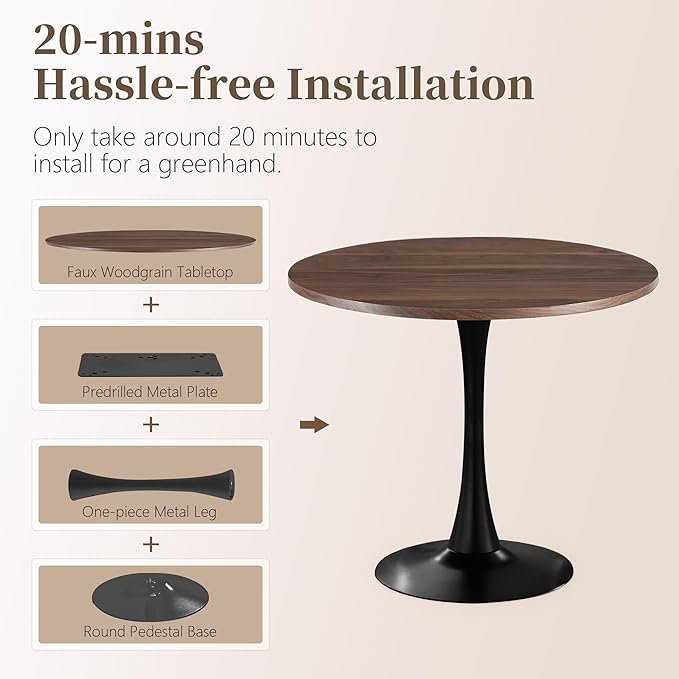 24 Inch Round Dining Table,Mid-Century Tulip Table with Metal Pedestal Base,Modern Leisure Table for Small Space Kitchen Dining Room,Easy Assembly,Walnut and Black