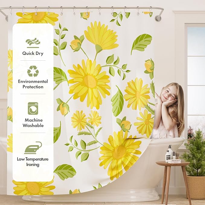 AmazerBath Floral Shower Curtain, Washable Cloth Shower Curtain Sets with 12 Shower Curtain Hooks, Fabric Rustic Yellow Gerbera Flower Eucalyptus Fall Shower Curtains for Bathroom Decor, 72x72 Inches