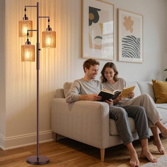 Hotsonic 72" Tall Boho Rattan Style Floor Lamp with Hand-Woven Paper Cord Shade, Dimmable Industrial Tree Standing Lamp for Living Room, Bedroom, Study Room, Office (3 x 800LM Bulbs Included) - Brown