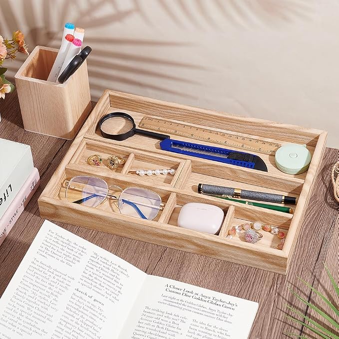 PH PandaHall 2pcs Wooden Desk Organizer Tray with Pen Holder Table Storage Box Drawer Organizer Tray Keys Watch Pencil Divided Trays for Home Office School Workspace Organization Desktop Accessories
