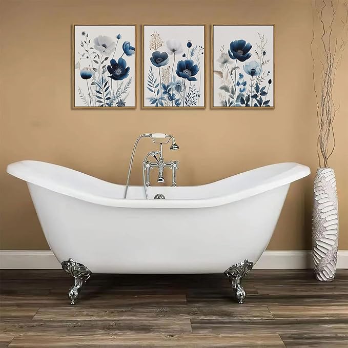 BingruiArt Navy Blue Wall Art Canvas Abstract Floral Painting Blue and Gray Posters Flower Decor Wildflower Pictures Botanical Prints for Living Room Bedroom Bathroom 3 Pcs 12"x16" Natural Framed