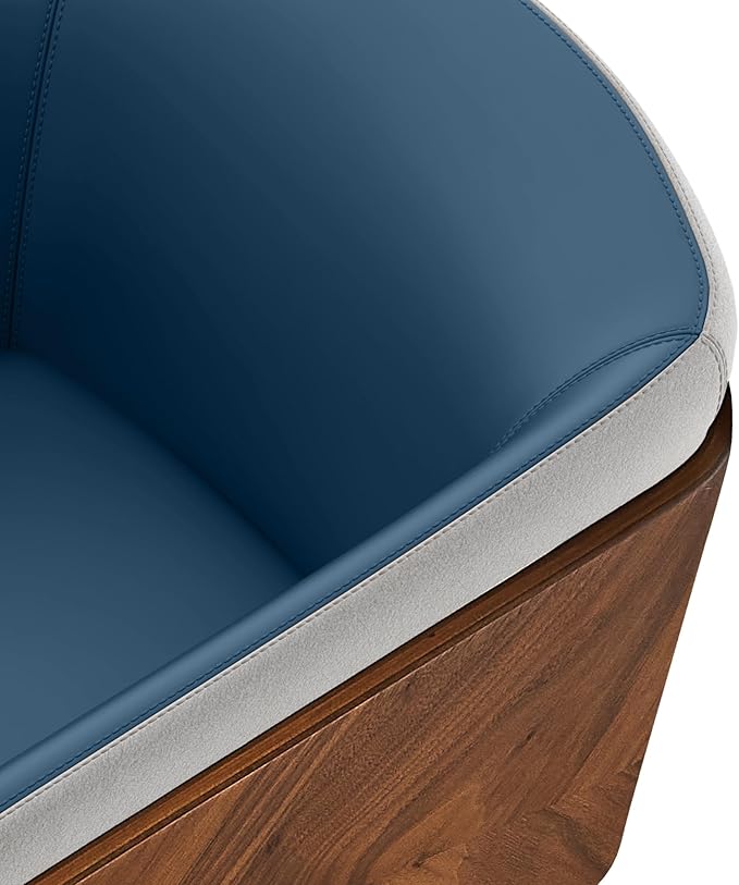 ARTPLAN Dining Accent Chair,Modern Faux Leather with Walnut, Mid Century Eucalyptus Upholsted Retro Arm Chair, Metal Legs Dissassembly Adjustable Foot for Kitchen Dining Room,Navy Blue