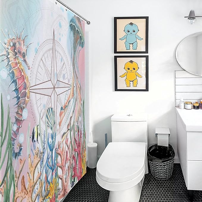 Coastal Jellyfish Shower Curtains,Beach Nautical Ocean Starfish Seashell Seahorse Underwater Animal Theme Bathroom Curtain Waterproof Fabric Machine Washable with Hooks,72x72Inch