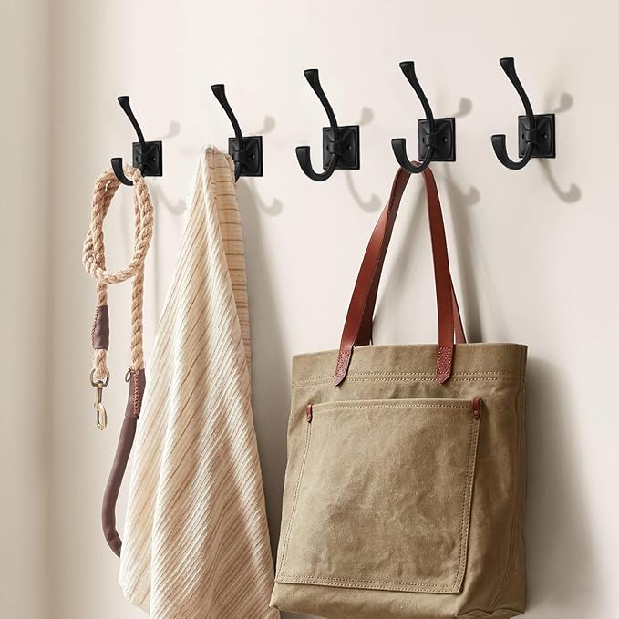 2-Pack Matte Black Coat Hooks - Wall Mounted Double Robe Hooks for Coats, Towels, Bags, Cups, Hats