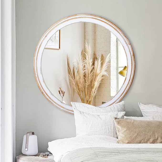 Reflinto 30 Inch Rustic Farmhouse Wooden Round Mirrors for Wall Decor, | Washwhite Decorative Circle Mirror for Bathroom Over Sink, Entryway, Living Room, Foyer