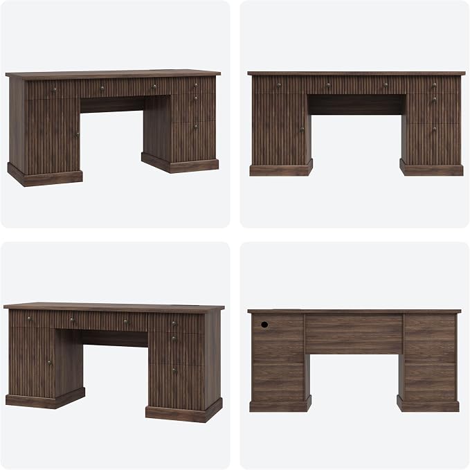Garvee 60" Office Desk with Storage & Drawers. Fluted Wood Computer Desk with Power Outlet & Adjustable Shelves.Modern Executive Desk for Home Office/Bedroom/Gaming-Brown