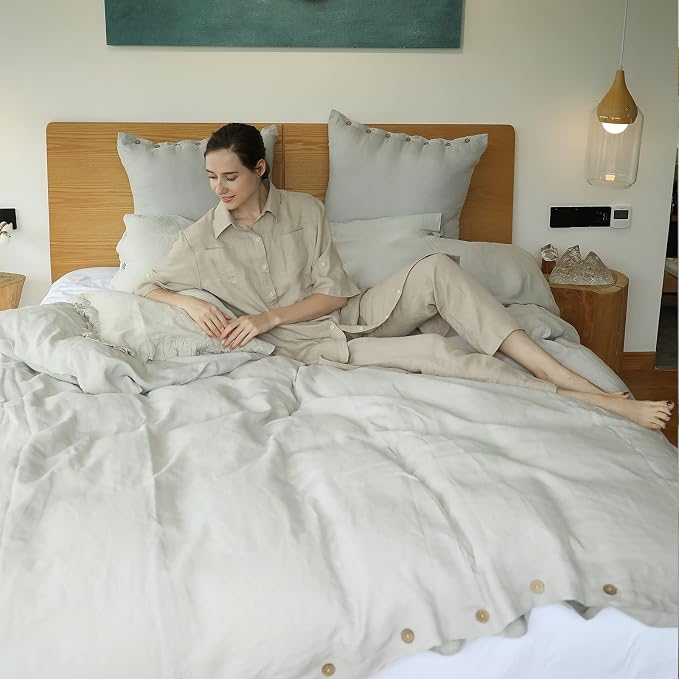 Simple&Opulence 100% Linen Duvet Cover Set 3pcs with Coconut Button Closure Natural French Washed Flax Solid Color Soft Breathable Farmhouse Bedding - Light Grey, King Size