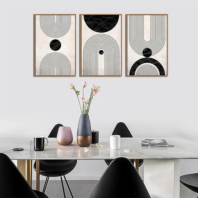 Framed Wall Art Canvas Set Mid Century Boho Pictures Modern Abstract Geometric Wall Decor Minimalist Black Beige Bohemian Canvas Painting Artwork for Living Room Bedroom Office 16"x24"x3 Natural