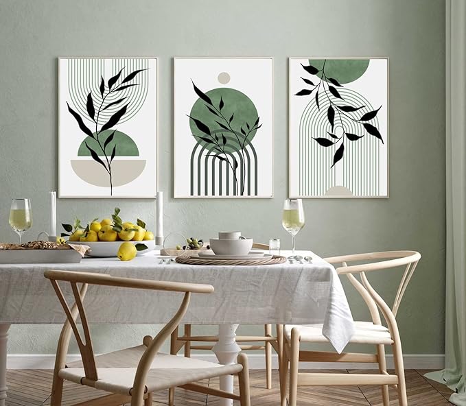 Mid Century Modern Wall Art Set of 3 Sage Green Canvas Wall Art Boho Prints Green Wall Decor Black Beige Abstract Picture Mid Century Painting for Living Room Bedroom 12x16 Inch UNFRAMED