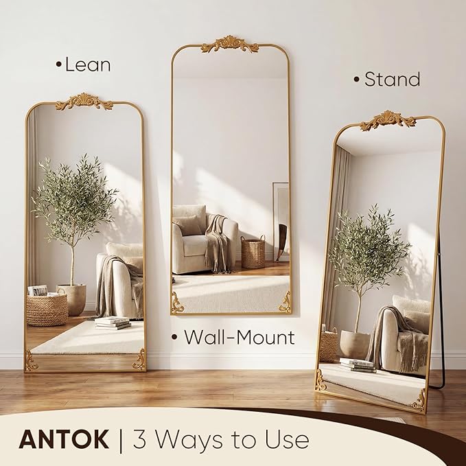 Antok Arched Full Length Mirror, 32"x71" Floor Mirror with Carved, Full Body Mirrors for HomeDecor, Large Wall Mirror with Corner Flower for Bedroom, Living Room, Gold, Luxury Style