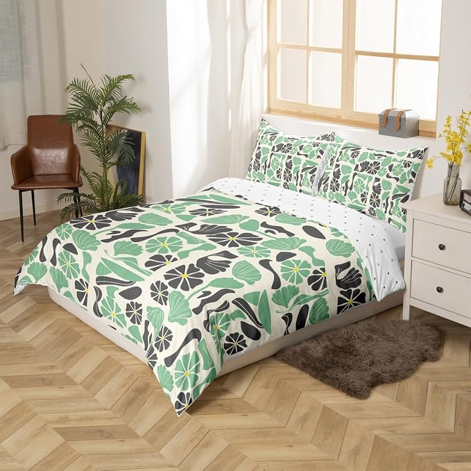 Boho Abstract Colorful Floral Duvet Cover Queen Mid Century Modern Abstract Geometric Bedding Set Vintage Retro Patchwork Green Flower Comforter Cover Botanical Geometric Aesthetic Bed Set