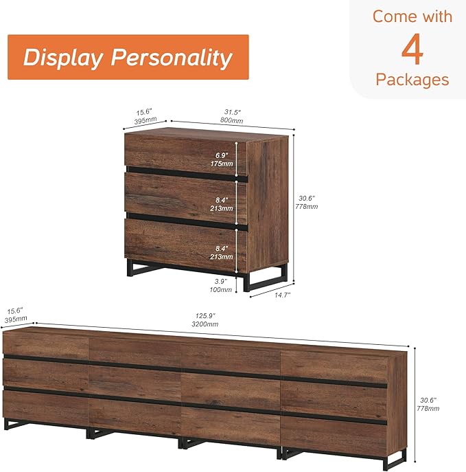 WAMPAT Dresser for Bedroom, Closet Organizers and Storage with 12 Drawers, Chest of Drawers with Metal Base, Wooden Modern Dresser for Living Room, Bedroom, Entryway, Brown