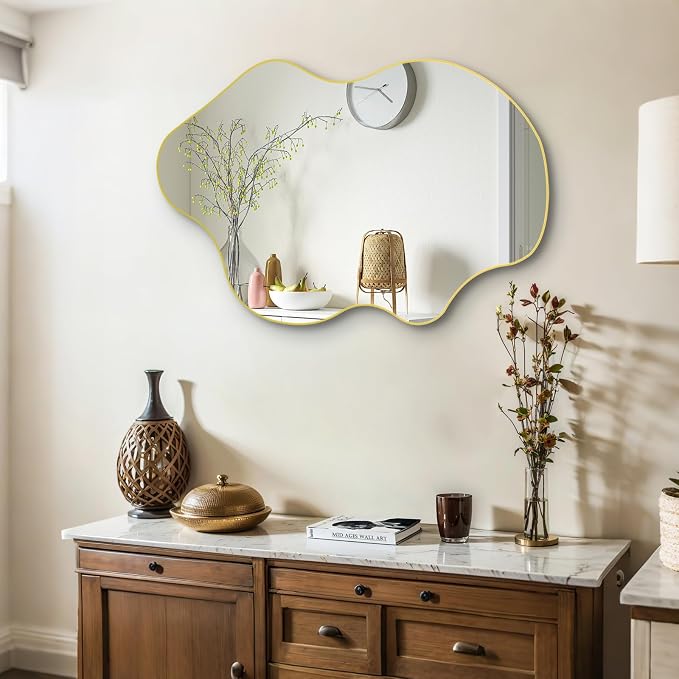 Gold Irregular Mirror, 31.5"x23.6" Asymmetrical Wall Mirrors, Unique Shaped Mirror Decorative, Modern Frameless Abstract Mirrors for Living Room Bathroom Bedroom Hallway Entryway Fireplace