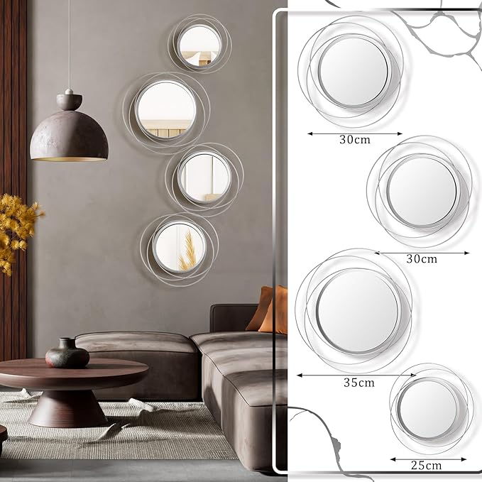 Hicarer 4 Pcs Decorative Wall Mirror Round Modern Mirror Circle Mirror Wall Art Ring Metal Mirror Wall Decor Wall Mounted Mirror for Bedroom Living Room Entryway Dining Room Hallway (Silver)