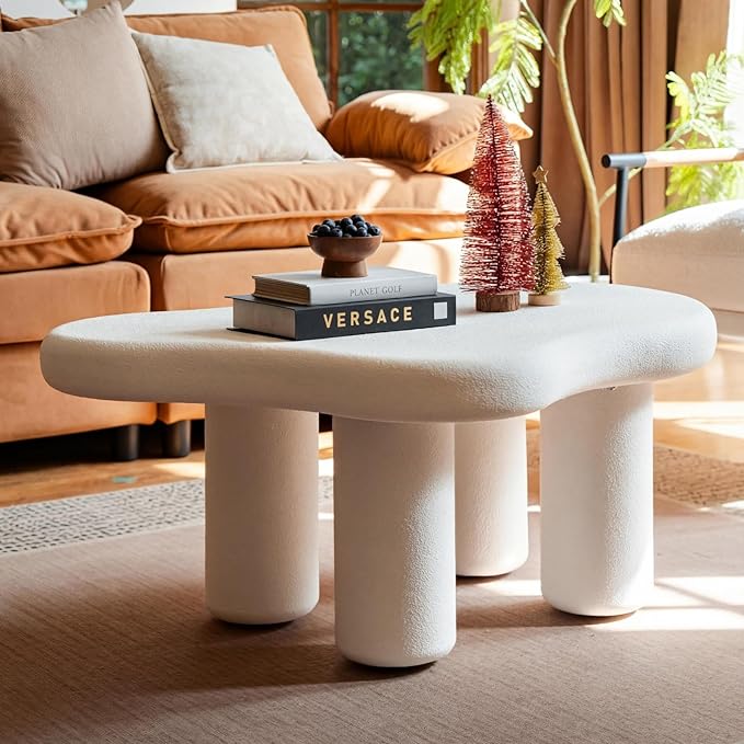 Modern Stone Cloud Coffee Table - Accent Organic-Shaped Tabletop with Textured Finish, Cloud Sofa Center Table for Living Room/Bedroom/Office (Off White)