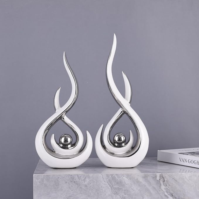2PCS Abstract Art Ceramic Sculptures, Modern Decor Figurines for Living Room Decorative Objects, Sculptures Home Decor Set for Table, TV Stand, Entryway, Bookshelf Display (White Silver)