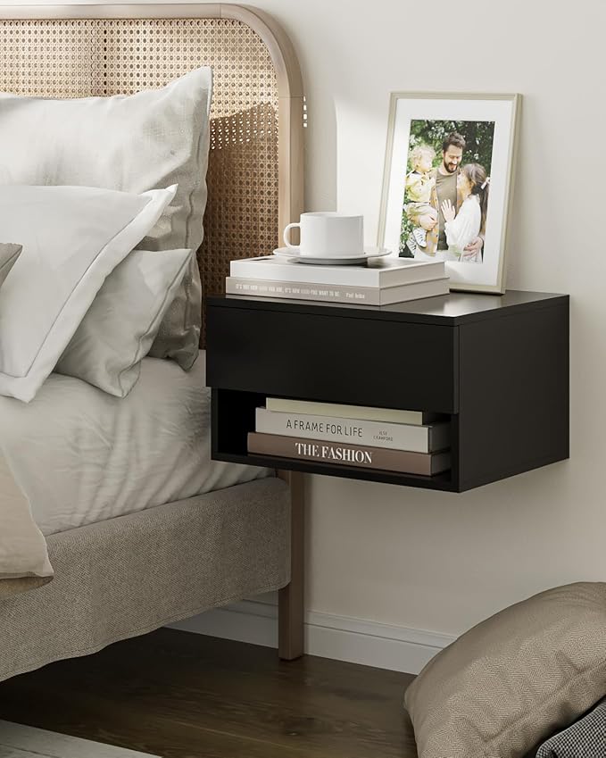 Floating Nightstand, Small Modern Floating Nightstand with Drawer, Floating Shelves for Bedroom, Bathroom (Black)