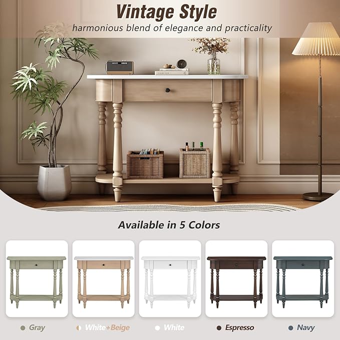 Retro Curved Console Table, 36" Solid Wood Half Moon Console Table Sofa Table Entryway Table with 1 Drawer 1 Open Shelf Roman Legs Curved Corners for Living Room,Entryway,Hallway,White+Beige