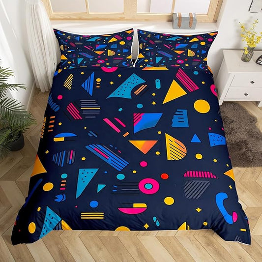 80s 90S Fashion Style Bedding Set Queen Size,Retro Memphis Style Pattern with Geometrical Shapes Duvet Cover for Kids Child,Funky Hipster Old Fashioned Comforter Cover Geometric Bedroom Decor