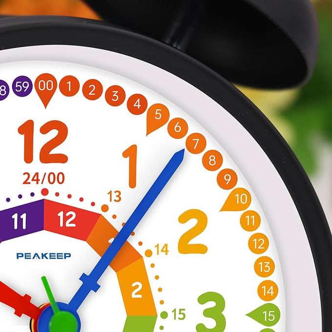 Peakeep Loud Alarm Clock for Kids Learning Telling Time Teaching Clock, 4.5" Rainbow-Colored Twin Bell Analog Alarm Clock Battery Operated for Heavy Sleepers Adults Teenagers Kids
