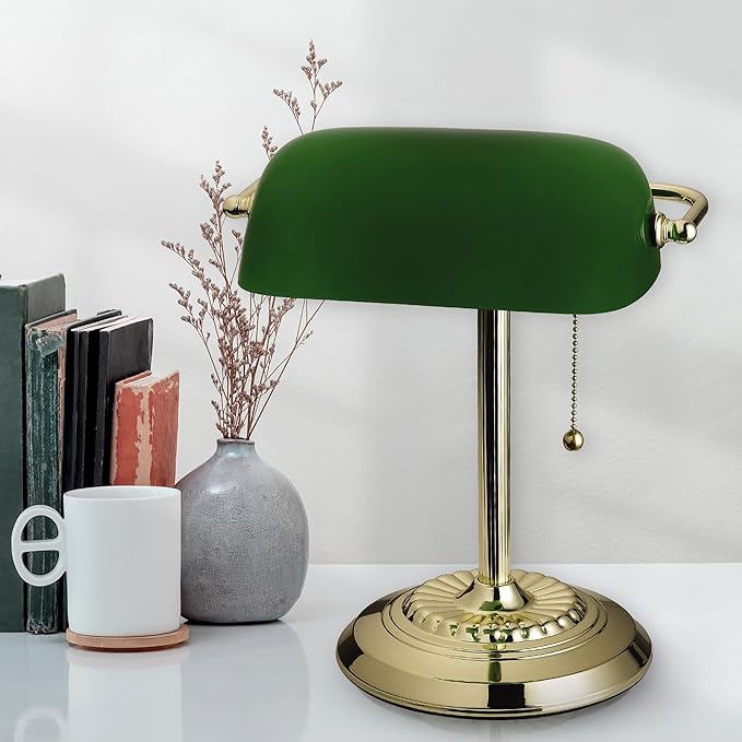 Catalina Lighting 13.5'' Traditional Banker's Lamp Light Fixture with Green Glass Cylinder Shade for Office, Library, Living Room, or Dorm, Polished Brass