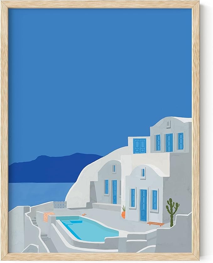 HAUS AND HUES Travel Greece Wall Art - Mediterranean poster capturing stunning coastal beauty, framed in beige for a timeless appeal (Beige Frame, 12x16).