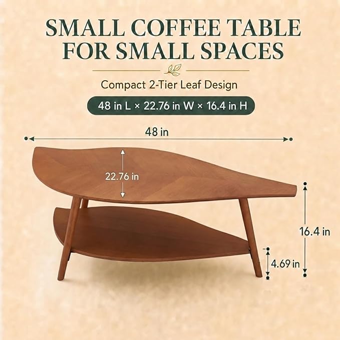 Small Coffee Table with Storage,Unique Leaf Handcrafted Marquetry,Mid Century Modern Oval Wooden Coffee Table,Natural Oak Veneer, Solid Wood Legs,for Living Room,Apartment(Walnut)