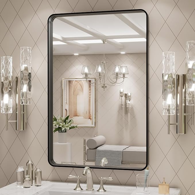 LOAAO 20X28 Inch Black Metal Framed Bathroom Mirror for Wall, Matte Black Bathroom Vanity Mirror Farmhouse, Anti-Rust, Hangs Horizontally or Vertically
