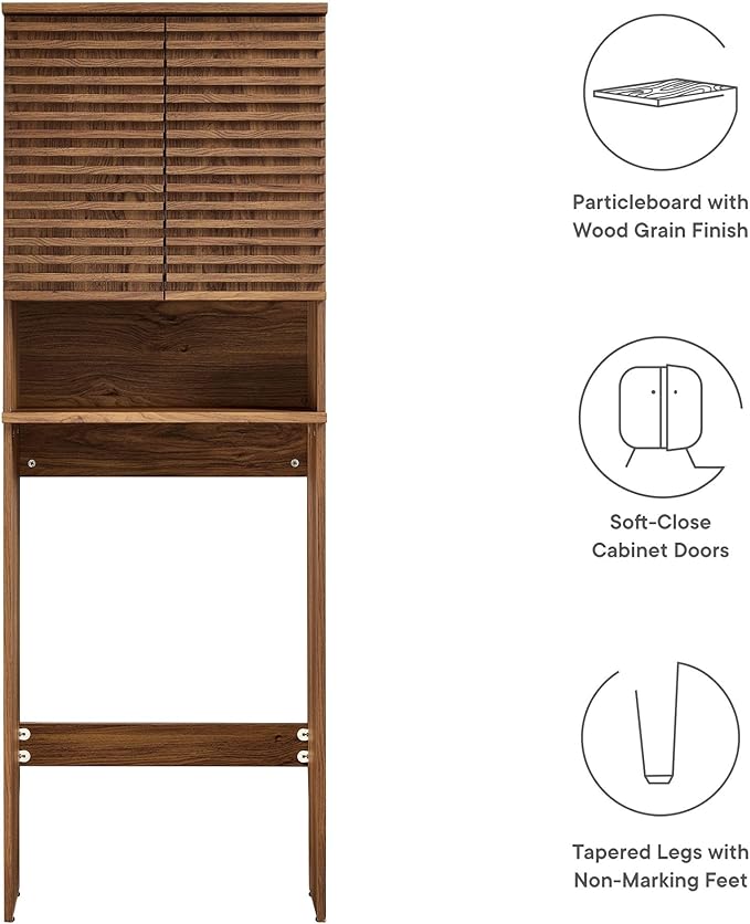 Modway Render Over The Toilet Storage Cabinet in Walnut - Modern Bathroom Organizer with Open Shelf, 2 Soft-Close Doors, Wall Cabinet for Above Toilet Storage - Linen Cabinet with Adjustable Shelves