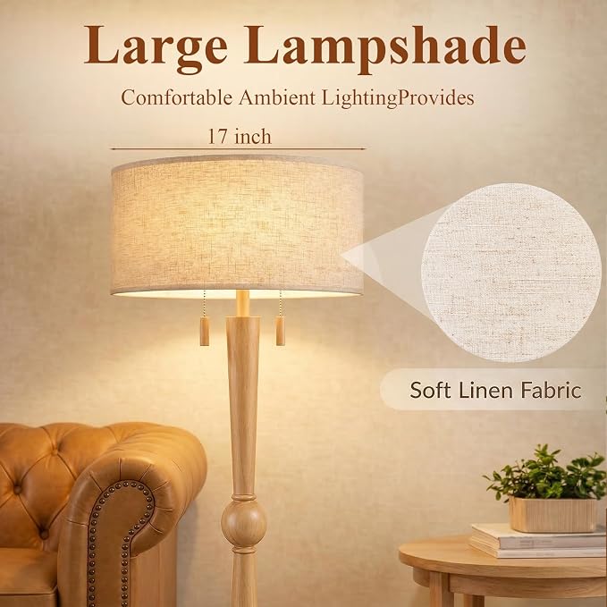 MOFFE 62.8" Solid Wood Floor Lamp,Tall Standing Floor Lamp with 2-Light Pull Chain, 17" Linen Drum Shade, Sculptural Wood Base & Stem,Transitional Floor Lamp for Living Room Bedroom, Includes 2 Bulbs