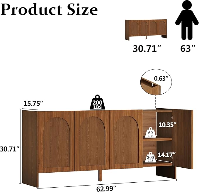63" Sideboard Buffet Cabinet with Storage, 4 Door Solid Wood Veneer Sideboard Modern Arched Accent Cabinet with Adjustable Shelves, Large Credenza for Living Room,Kitchen,Entryway(Brown)