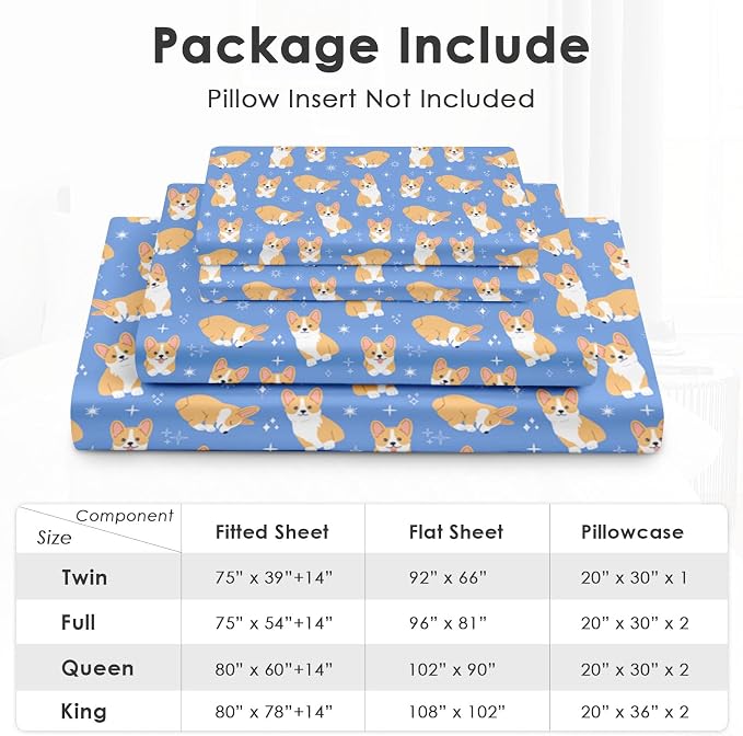 Pamnest Full Size Bed Sheet Sets, Kawaii Cute Corgi Soft Microfiber 4 Pcs Bedding Sets for Kids and Adults Bedroom Bed Decor, Dog Animal Flat, Fitted Sheet and 2 Pillowcases