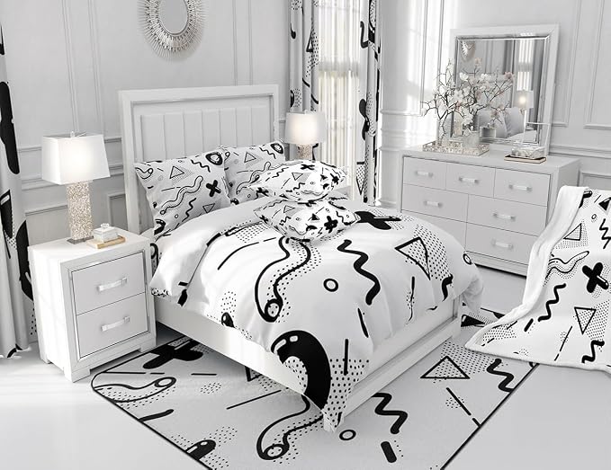 Manfei Memphis Comforter Set Queen Size, Retro 80s 90s Fashion Style Quilt Set with 2 Pillowcases, Geometric Black White Bedding Set 3pcs for Kids Boys Room Decor Lightweight Duvet Insert
