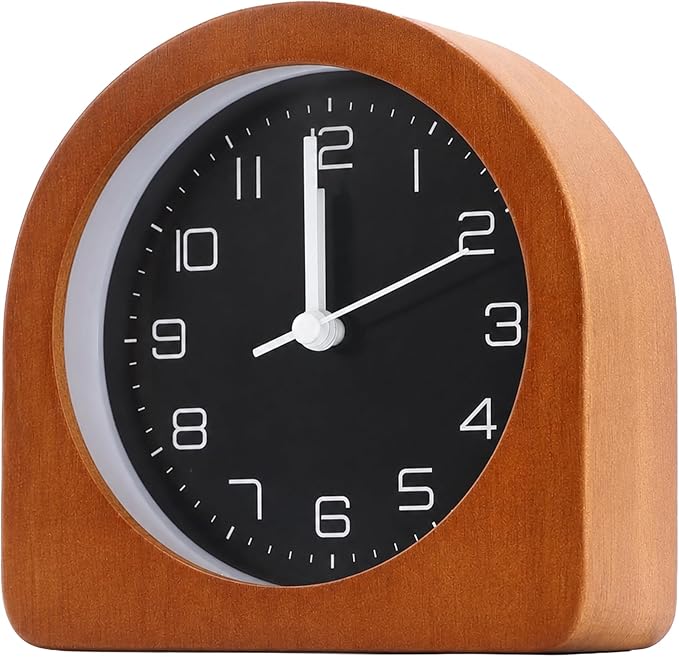 Analog Alarm Clock 5" Silent Non-Ticking Small Solid Wood Desk Clocks Battery Operated Simple Style Retro Table Clock for Office/Bedroom/Kitchen/School/Bedside/Shelf (Dark Wood, Arch)