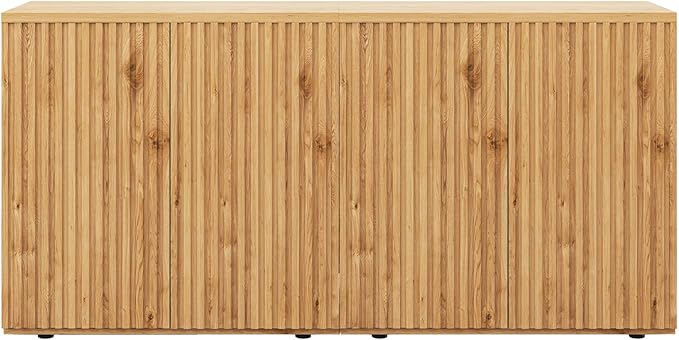Rophefx Fluted Sideboard Cabinet, 63" Buffet Cabinet with Storage, Credenza Storage Cabinets with Adjustable Shelf, Wood Entryway Cabinets with Pop-up Doors for Living Room, Entryway, Hallway, Oak