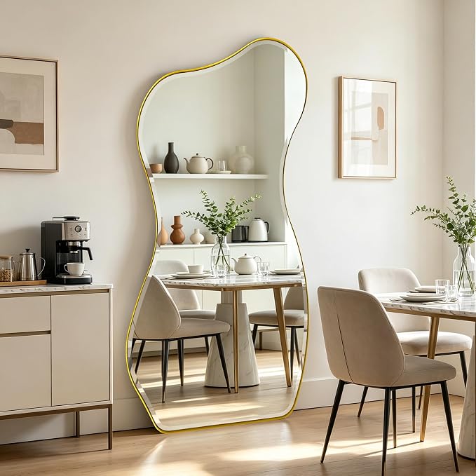 POZINO Large Irregular Beveled Mirror, 63"x32" Asymmetrical Wall Mirror with Metal Frame, Full Length Organic Floor Mirrors for Entryway Living Room Bedroom Hallway, Leaning/Wall-Mount