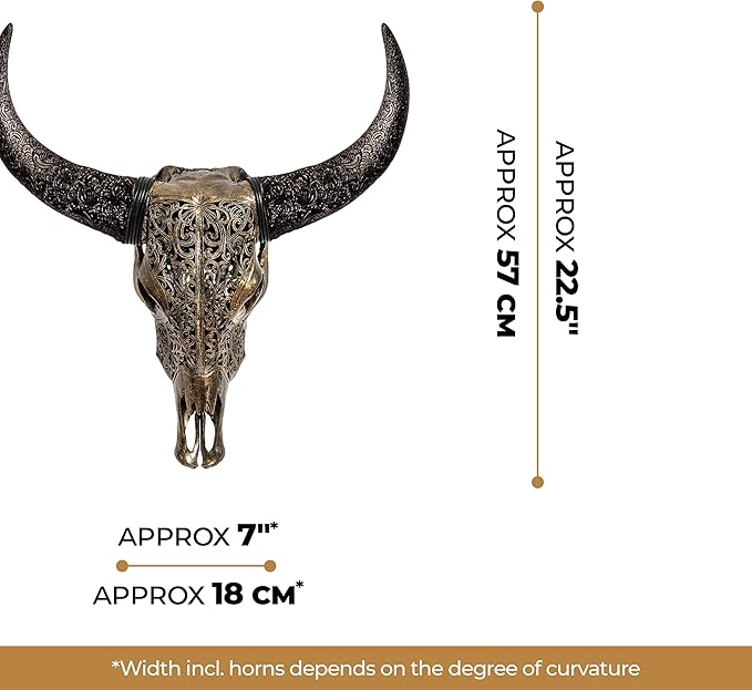 Skull Bliss - Hand-Carved Real Authentic Taxidermy Cow Skull/Bull Skull Wall Decor with Horns/Real Animal Cow Skull Wall Decor (Hand-Carved Horns)