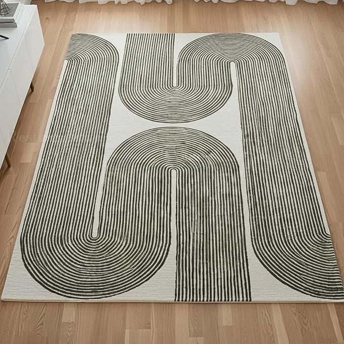 Modern Handmade Wool Area Rug, Abstract Curved Line Geometric Carpet for Living Room Bedroom, Contemporary Tufted Indoor Rug with Soft Pile and Cotton Backing (Olive, 8' x 12')