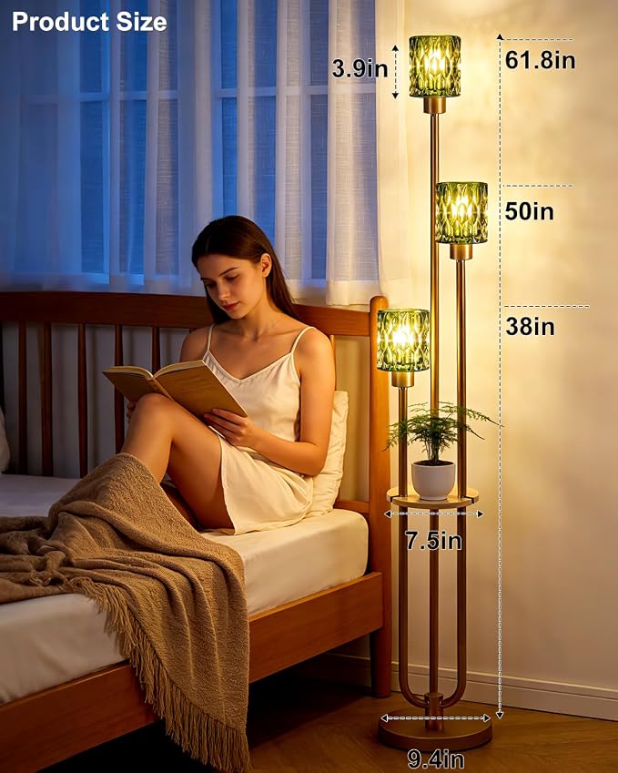 Lightdot 3-Lights Glass Floor Lamp for Living Room Modern Gold Floor Lamp with Green Glass Shade for Wedding/Party Farmhouse Tall Standing Lamp with 5Lb Heavy Base for Bedroom/Sofa Beside/Corner Decor