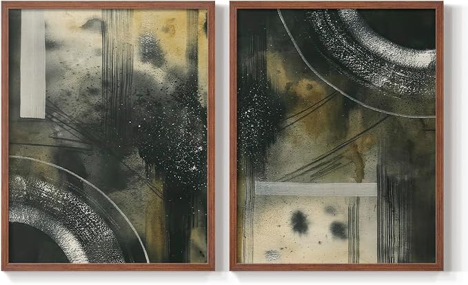 Renditions Gallery Set of 2 Peel & Stick Framed Prints, Moody Abstract Wall Art, Circular and Splattered Effects Wall Decor, Re-Stickable - Ready to Hang - 11"x14" - Walnut Frame LT588