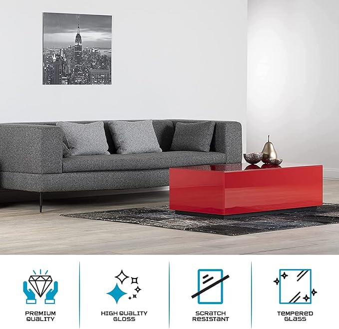 SONOROUS Premium Tempered Glass Coffee Table - Modern Red Rectangular Coffee Tables for Living Room - High Gloss Fingerprint Resistant Mid Century Design - Stylish Living Room Furniture & Décor