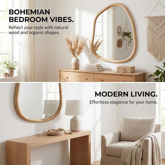 Vercraft 32 x 24 Inch Irregular Asymmetrical Wall Mirror with Solid Wood Frame, Boho Decorative Mirrors for Bedroom Living Room Entryway Hall