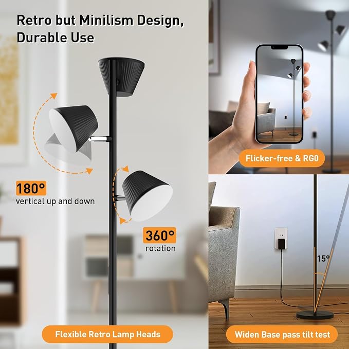 LED Tree Floor Lamp 42W, 4200 Lumens Super Bright Floor Lamps for Living Room with Remote & Touch Control, 3 Rotatable Lights 4 Color Temperatures, Modern Tall Standing Lamp for Bedroom Office