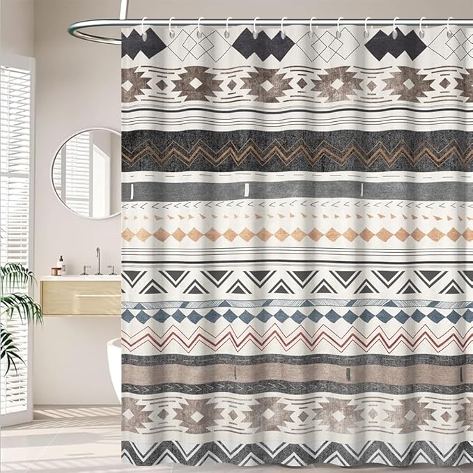 Retro Boho Geometric Shower Curtain for Bathroom Brown Aztec Pattern Bathtub Curtains Vintage Abstract Aesthetic Bathroom Decor Set Washable Waterproof Polyester Fabric with Hooks 69x75 Inch