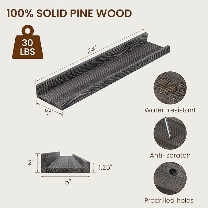 Vivelove Picture Ledge Shelf, Solid Pine Wood Rustic Floating Shelves for Wall, 24 Inch Floating Shelves with Lip for Bedroom Kitchen Living Room Nursery Display Wall Decor, Set of 2 (Grey)